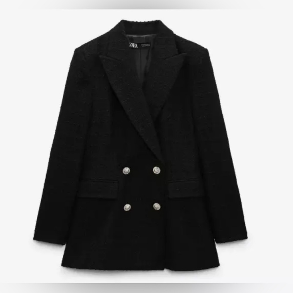 Zara Tweed Blazer Dress Jacket Suit Textured Black Gold Buttons Tailored M $119 - Picture 4 of 13